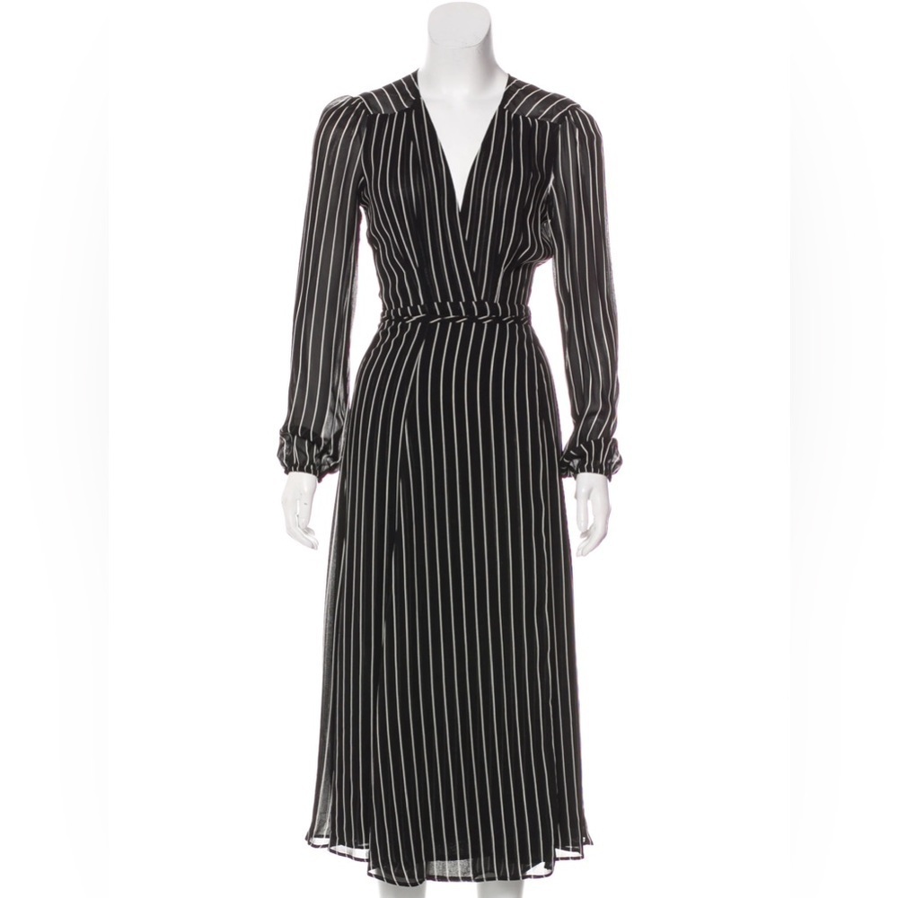 Reformation Ashley dress black & white striped long sleeve wrap sheer midi dress - Picture 4 of 11